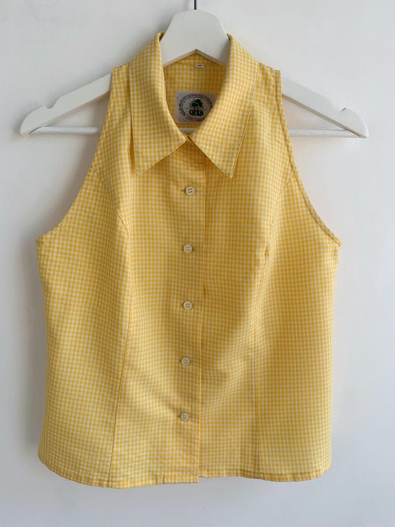 Vintage 80s Yellow Gingham Blouse Size XS S, Collared Halter Top, Sleeveless Cropped Button Up Shirt, Retro Summer Tank Vest, Made in Spain