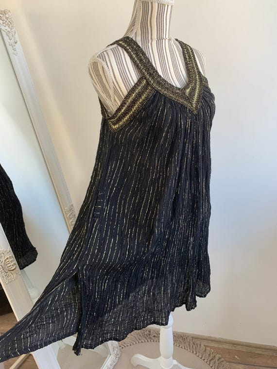Summer Cotton Gauze Dress One Size, Black Gold Sheer Muslin Dress, Vintage Sleeveless Midi Dress, Boho Goddess Dress, Lurex ALine Tank Dress