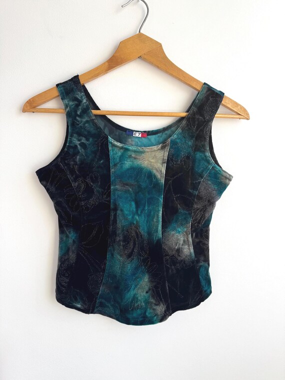 Turquoise Blue & Black Velvet Tank Top Size L, Vintage Stretchy Fitted Sleeveless Tee, Silky Shiny Silver Floral Corset Top, Grunge T Shirt