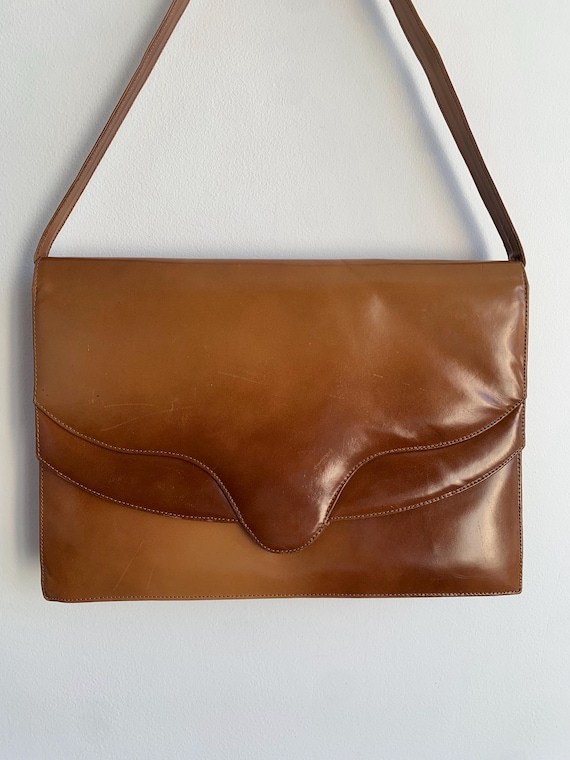 Vintage Handbag, Womens Purse, Leather Bag, Vintage Clutch, Caramel Top Handle Bag, 60s 70s Bag, Envelope Purse, Retro Fashion Gift for Her