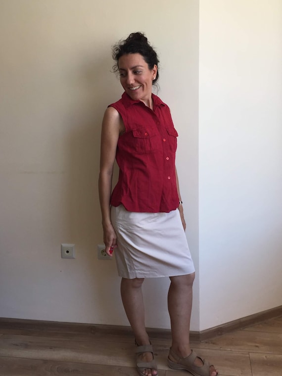 Vintage Wine Red Women's Linen Shirt Size M, Summer Sleeveless Top, Collared Sleeveless Shirt, Vintage Linen Top, 80s Button Down Shirt