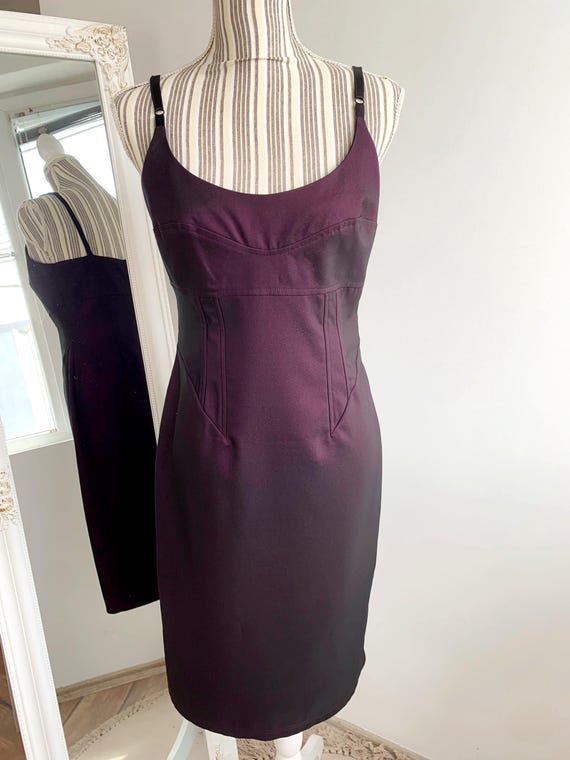 Vintage 90s Eggplant Purple Metallic Slim Fit Evening Gown Size M, Classic Elegant Formal Prom Dress, Stylish Open Back Midi Reception Dress