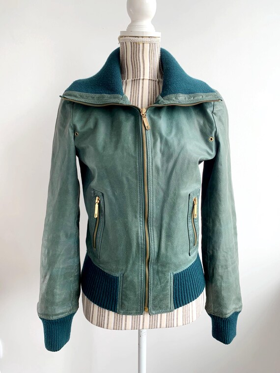 Vintage 90s Green Leather Jacket for Women Size S, Distressed Bomber Jacket, Knit Collar and Cuffs Zip Up Leather Coat, Cropped Biker Jacket