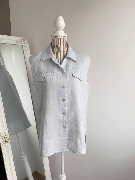 Vintage 90s 100% Linen Shirt for Women Size L, Light Blue Pure Linen Button Up Top, Collared Sleeveless Linen Vest, Mother of Pearl Buttons