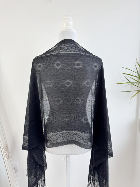 Vintage Black Sheer Lace Shawl Wrap, Lightweight Floral Scarf With Tassels, 90s Art Deco Gatsby Style Evening Stole, Formal Fringed Cover Up