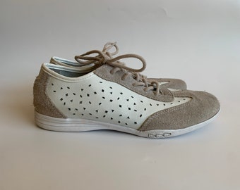 Cut Out White Leather Shoes for Women, Comfortable Lace Up Shoes, Suede Flat Leather Tie Up Shoes, Vintage Casual Leisure Shoes, EU 38, US 7