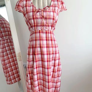 Vintage Y2K 100% Cotton Summer Grunge Dress Size S, Red White Plaid Apron Dress, Straight Sun Dress, Lace Up Tie Back Pinafore Midi Dress