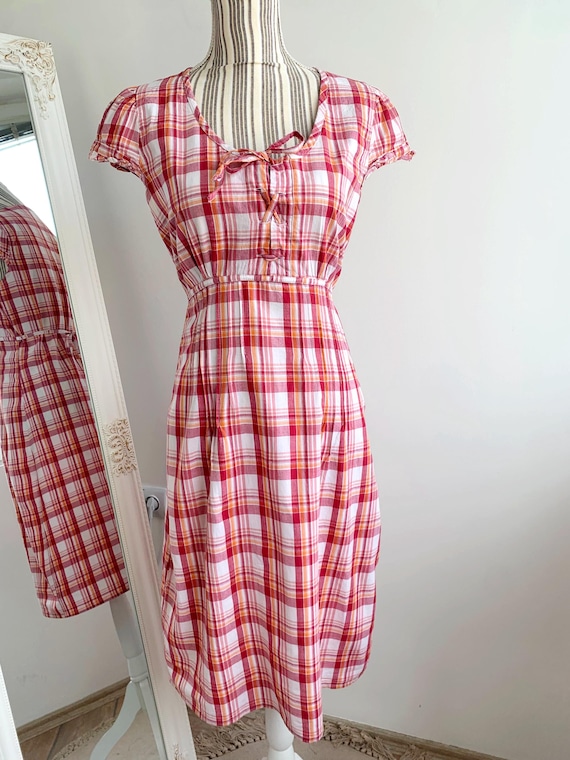 Vintage Y2K 100% Cotton Summer Grunge Dress Size S, Red White Plaid Apron Dress, Straight Sun Dress, Lace Up Tie Back Pinafore Midi Dress