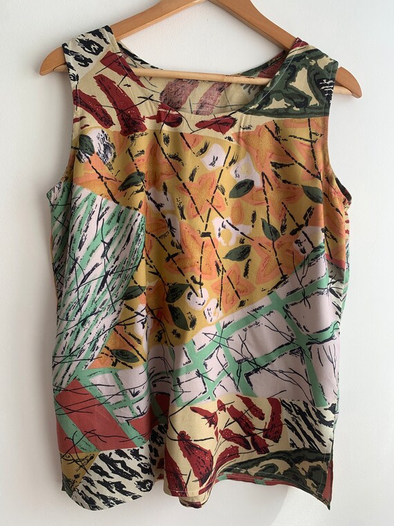 Vintage 90s Summer Top Size L, Orange Green Tank Top for Women, Floral Grunge Sleeveless Top, Abstract Lightweight Shirt, Loose Fit Blouse