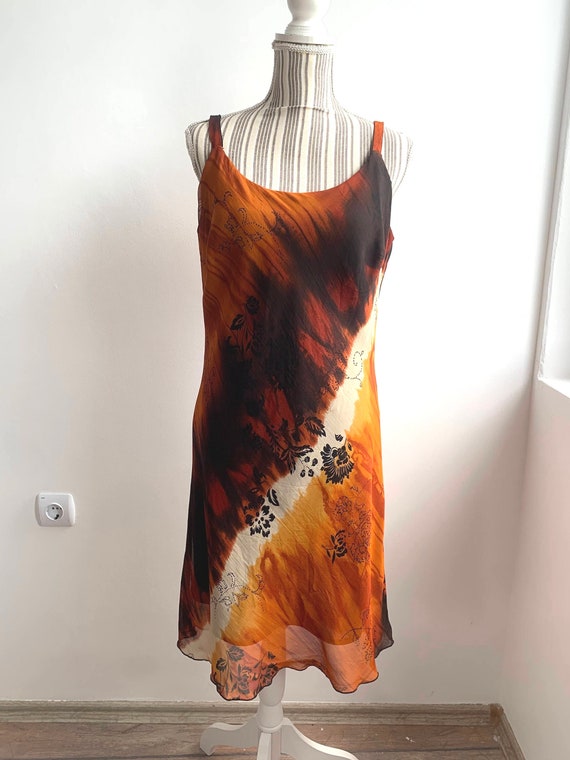 Vintage Orange Brown Floral Sleeveless Midi Dress Size XL, 90s Y2K Summer Sheer Grunge Dress with Lining, Spaghetti Strap Slip Dress
