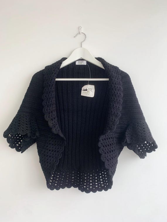 Vintage Lace Knit Bolero Jacket S M, Summer Crochet Shrug, Open Front Cropped Sweater Cardigan, Black Shoulder Cover Up, Boho Shoulder Wrap