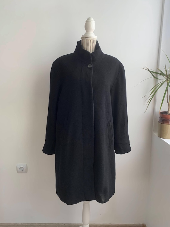 Vintage 90s Black Wool Coat Size XL, High Neck Collared Woollen Coat, Warm Winter Midi Coat, Single-Breasted Relaxed Overcoat, Felted Jacket