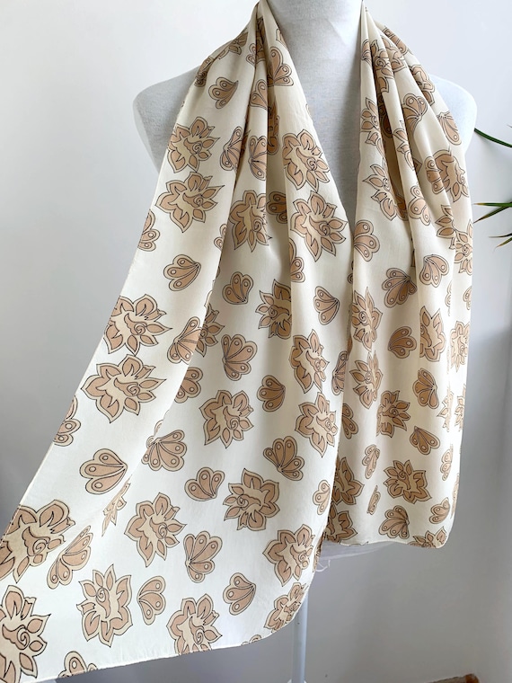 Vintage 90s Silk Scarf, Retro Paisley Floral Scarf, Long Skinny Silk Wrap, Cream Beige Camel Brown Shawl, Vintage Accessory Gift for Her