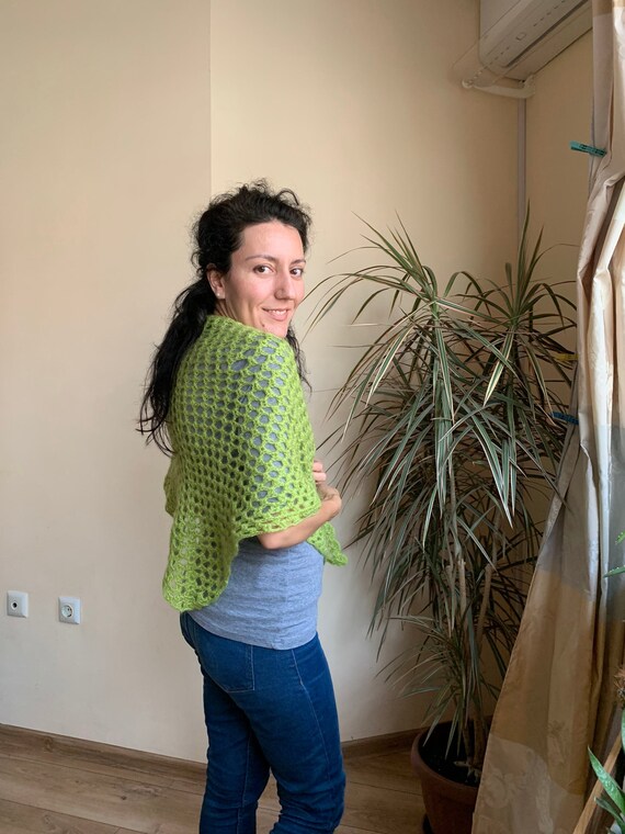 Vintage Handmade Soft Mohair Crochet Wool Shawl, Sheer Fishnet Moss Green Triangle Shawl, Bright Lettuce Green Warm Autumn Bohemian Scarf