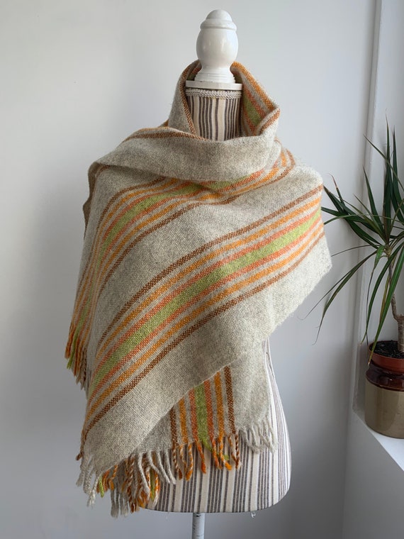 Vintage 90s Beige Wool Scarf With Orange Green Brown Stripes, Chunky Cozy Woven Warm Winter Scarf, Rectangular Wide Fringed Blanket Scarf