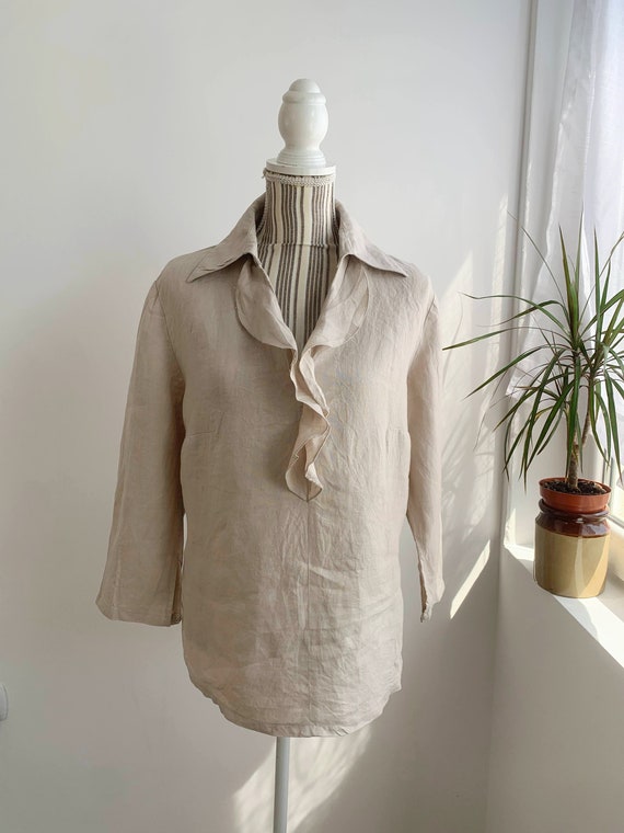 Beige Linen Shirt for Women Size M L, Collared Linen Tunic Top, Summer Oversized Casual Loose Linen Blouse, Ruffled V Neck Pure Linen Shirt