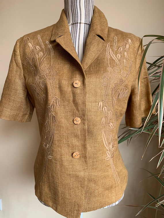 Vintage Linen Blazer for Women Size L, Betty Blarclay Camel Brown Short Sleeve Linen Jacket, Embroidery Blazer Suit Top, Button Front Blazer