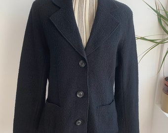 Blazer vintage de lana negra para mujer, talla 40 EUR, 14 GB L, blazer de pura lana con bolsillos, abrigo corto de lana para otoño e invierno, chaqueta corta de lana