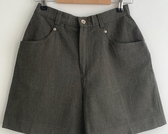Vintage 90s Olive Green Wool Shorts for Women Size XS, Wide Leg High Rise Dress Bermuda Pants with Front Pockets, High Waist Trouser Shorts