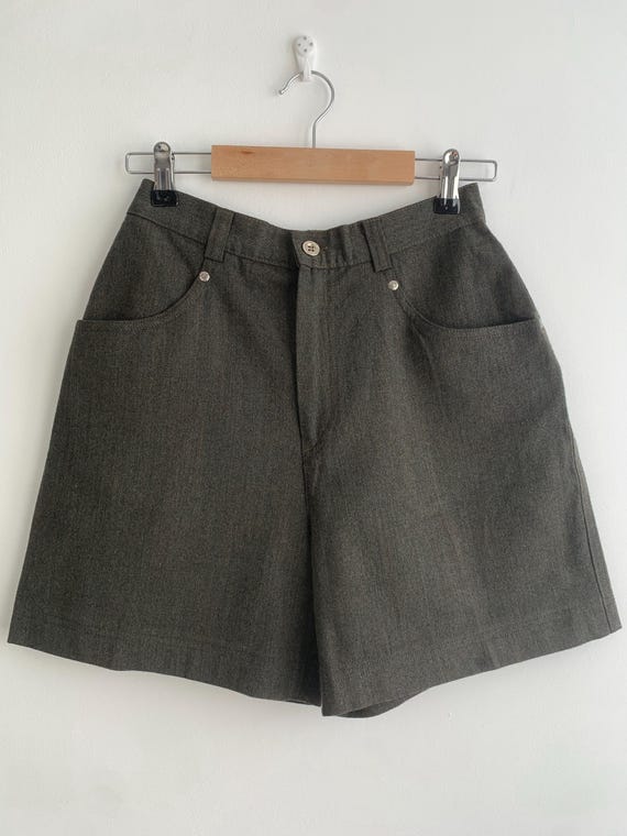 Vintage 90s Olive Green Wool Shorts for Women Size XS, Wide Leg High Rise Dress Bermuda Pants with Front Pockets, High Waist Trouser Shorts