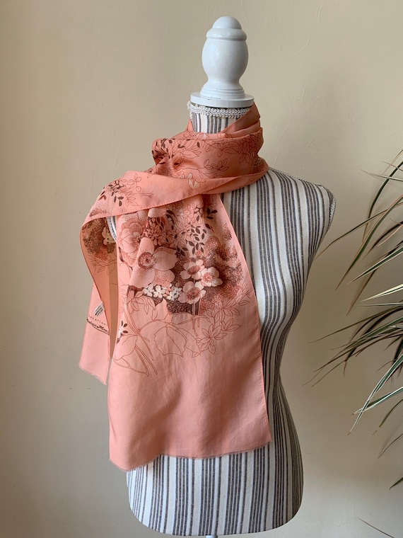 Vintage 80s Floral Neck Scarf for Women in Shades of Peach Pink and Brown, Lightweight Spring Summer Oblong Scarf, Italian Fashion Accessory