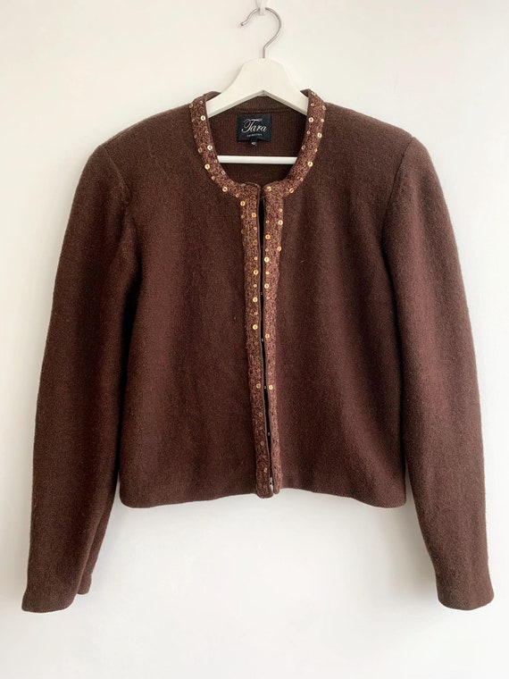 Vintage Y2K Brown Wool Blazer Size L, Women's Pure Wool Boucle Jacket, Unlined Short Autumn Coat, Warm Cozy Cardigan, Sequin Beaded Coatigan