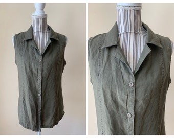 Vintage Khaki Linen Blouse for Women Size M, Dark Olive Green Linen Top, Summer Linen Sleeveless Top, Collared Button Down Linen Shirt