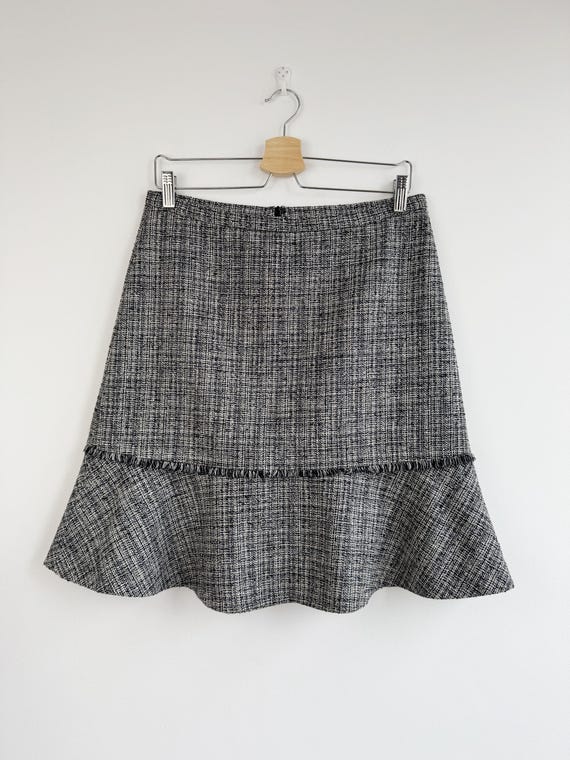 Vintage Max Mara Studio Tweed Skirt, Black White Cotton Wool Blend Midi Skirt, Flared Hem Fringe Trim Trumpet Skirt Size 10 US / 12 UK
