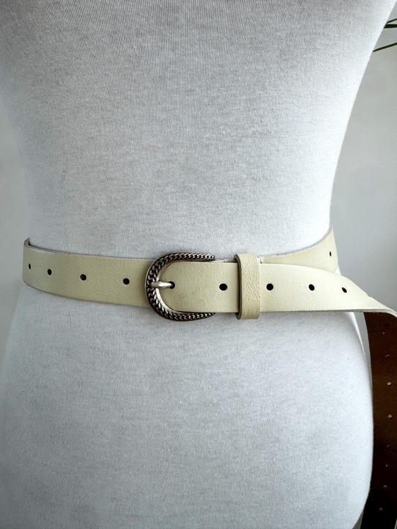 Vintage Petrol Industries Cream White Genuine Leather Belt, Silver Chain Buckle Y2K Boho Western Unisex Belt Size 95 cm