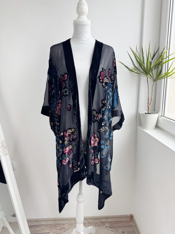 Y2K Peacock Devore Kimono, Sheer Black Floral Duster Wrap Shawl, Boho Festival Cover Up, Mesh Burnout Velvet Robe, Loungewear for Women