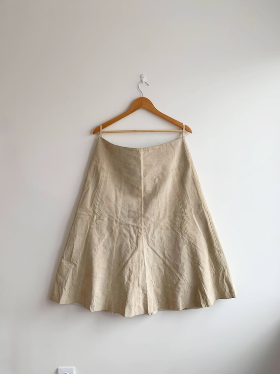 Vintage Tan Beige Suede Leather A Line Midi Skirt Size 42 L, Boho Hippie Long Real Suede Skirt, Country Western Flared Genuine Leather Skirt