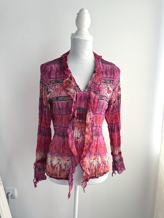 Vintage 90s Y2K Pink Purple Sheer Crinkle Blouse Size S/M, Ruffle Neck Cottagecore Mesh Boho Top, Long Sleeve Plisse Grunge Festival Shirt