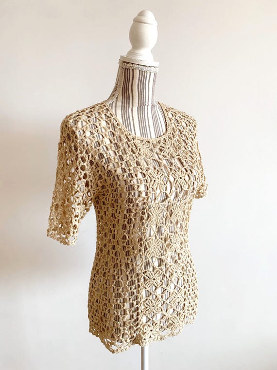 Vintage Ecru Crochet Lace Blouse Size S M, Cream Beige Mesh Summer Sweater, Romantic Bohemian Short Sleeve Top, Retro Cottage Core Pullover
