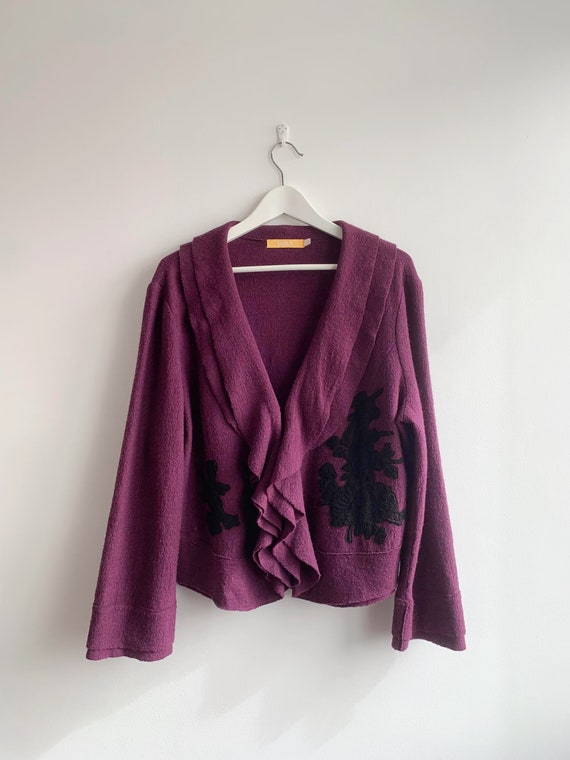 Vintage Purple Wool Blazer for Women Size XL, Unlined Wool Blazer with Ruffled Neckline, Short Wool Coat, Wool Cropped Jacket, Wool Cardigan