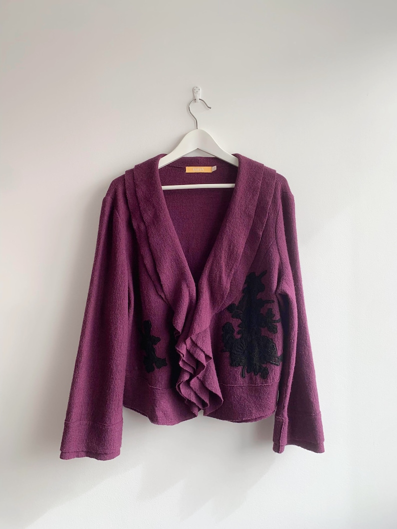 Blazer en laine violet vintage pour femme taille XL, blazer en laine non doublé avec encolure à volants, manteau court en laine, veste courte en laine, cardigan en laine image 1