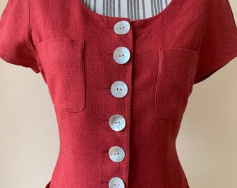 Vintage Brick Red Linen Vest for Women Size S Soft Natiral Fabrc Button Up Shirt, Short Sleeve Waistcoat Blazer for Women, Long Tie Back Top