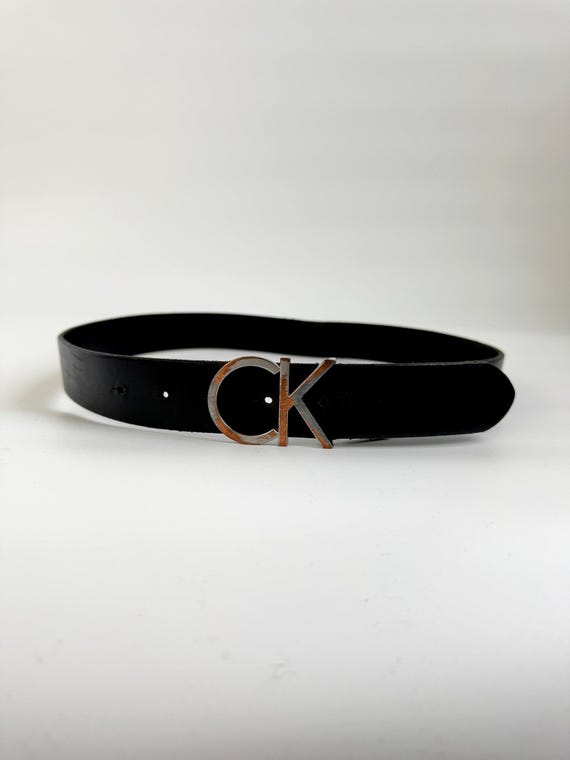 Vintage Calvin Klein Black Leather Belt with Large CK Logo Buckle, Minimalist Designer Accessory, Y2K Genuine Leather Waist Belt 85 cm 34"