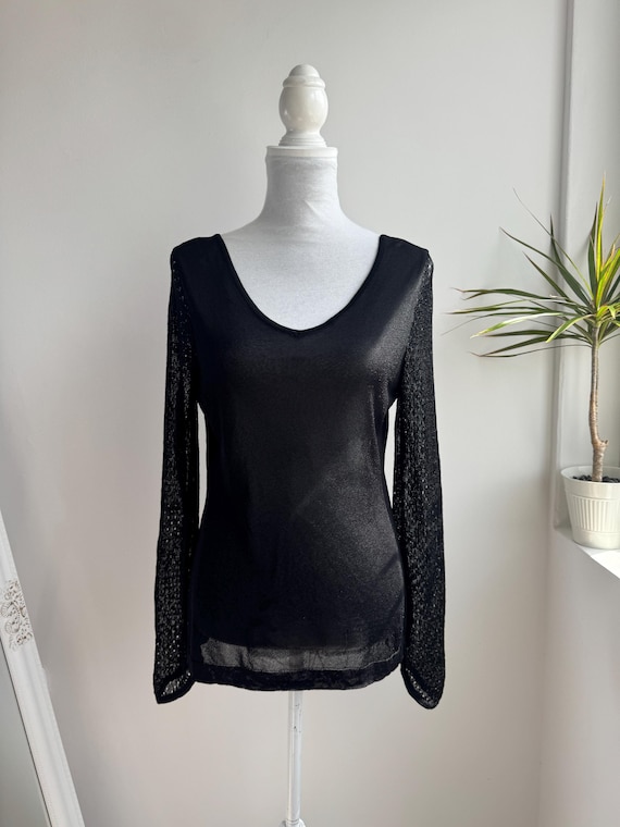 Vintage Black Sheer Knit Sweater, Y2K Mesh Long Flare Sleeve Blouse, Lightweight Knitted Top, Minimalist See Through Stretch Pullover Size M