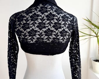 Boléro en dentelle noire, veste courte en dentelle florale à manches longues Sisters Point XS/S, pièce de superposition en maille transparente pour mariage gothique gothique