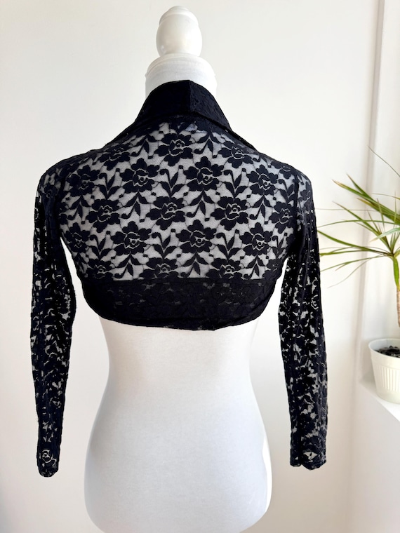 Black Lace Bolero Shrug, Long Sleeve Floral Lace Cropped Jacket Sisters Point XS/S, Whimsigoth Party Goth Wedding Sheer Mesh Layering Piece