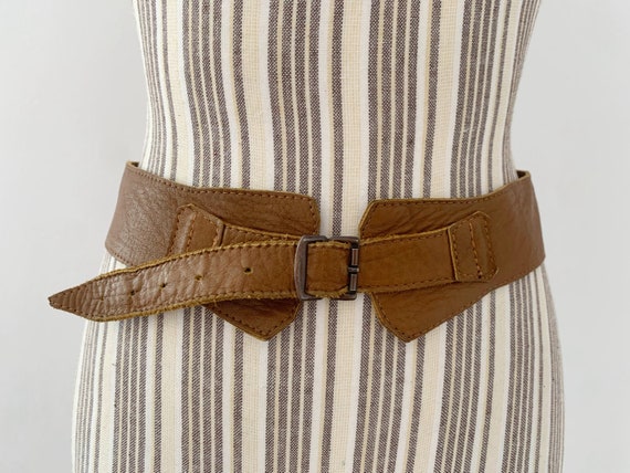 Vintage 90s Camel Brown Obi Belt for Women 75 - 87 cm/ 29- 34", Real Leather Wide Waist Belt, Minimalist Buckle Up Underbust Corset Belt,