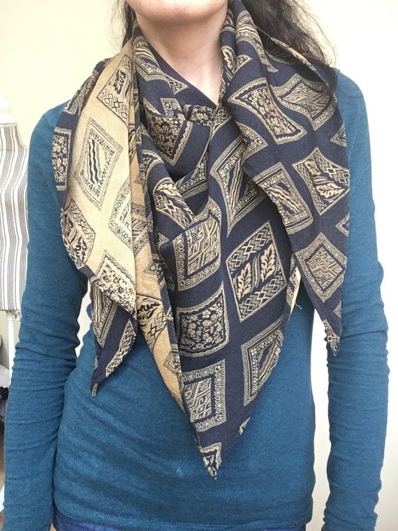 Vintage Black and Mustard Yellow Jacquard Triangle Shawl for Women, Woven Scarf with Abstract Rhombus Diamond Print, Bib Bandana Scarf