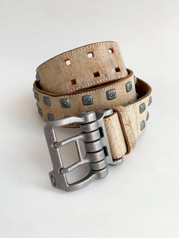 Vintage Cracked Leather Belt Double Prong Buckle, Unisex Rock Punk Nude Beige Studded Belt, Off White Eyelet Rivet Belt, Ivory Grommet Belt