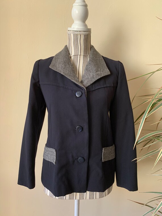 Vintage Black Blazer Jacket for Women Size XS / S, Elegant Button Front Blazer With Pockets, Mod Suit Jacket with Herringbone Accents