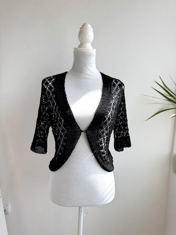 Vintage Black Crochet Shrug Cardigan, Boho Open Weave Bolero, Half Sleeve Mesh Knit Sweater Top, Gothic Sheer Cropped Evening Wrap Size M
