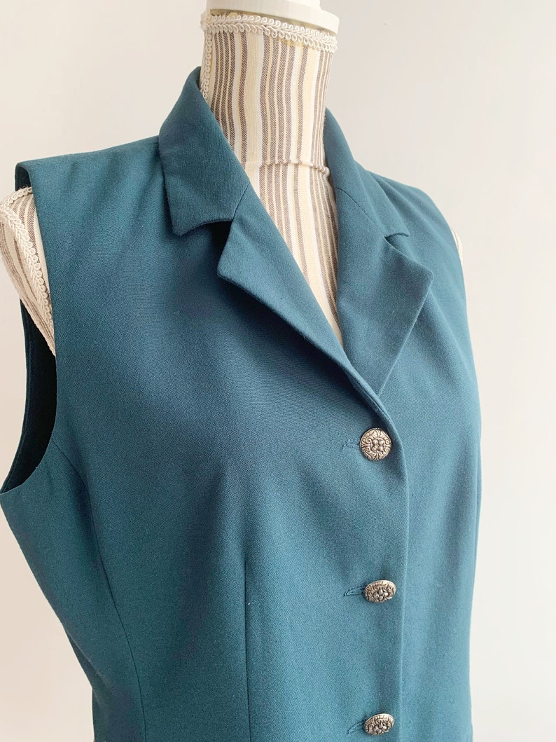 Turquoise Teal blauw groen mouwloos gekerfd blazerjack voor dames maat M L, jaren '90 Preppy Elegant Business Office Vest Vest afbeelding 8