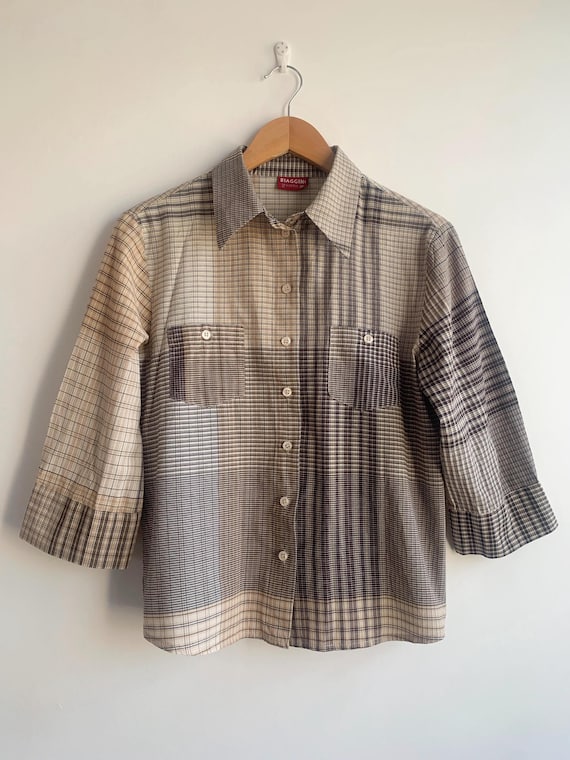 Vintage Biaggini Plaid Shirt for Women Size EU 36 S M, Brown Beige Checkered Blouse, 90s Neutral Earth Tones 3/4 Sleeve Cotton Button Up Top
