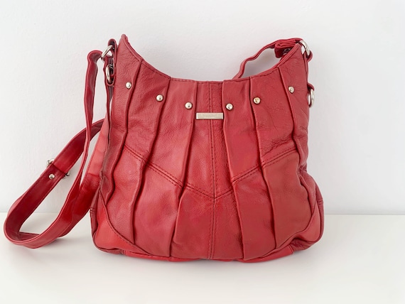 Red Faux Leather Crossbody Bag, Medium Hobo Shoulder Purse, Vinyl Messenger Bag, Zipper Tote Handbag, Vintage Vegan Leather Satchel Purse