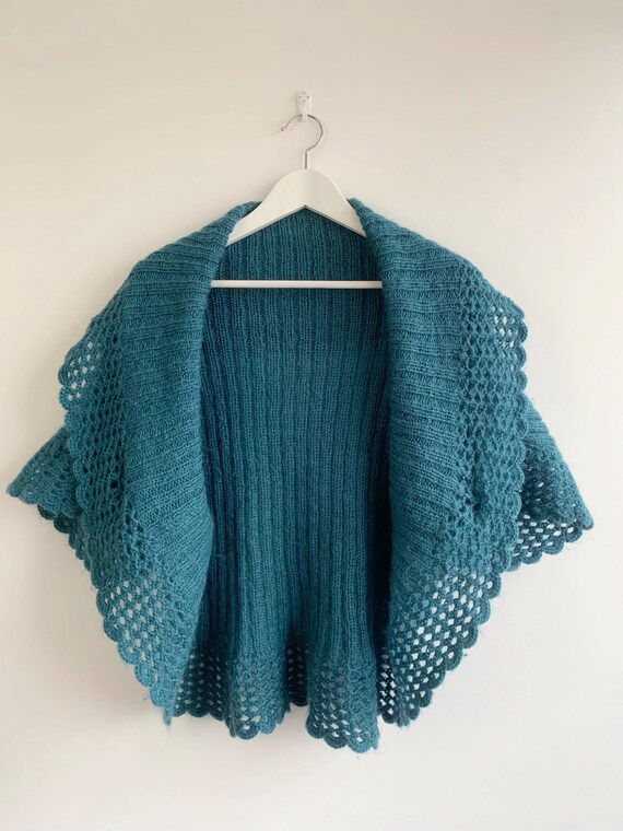 Vintage Lace Knit Bolero Jacket L, Turquoise Crochet Shrug, Open Front Cropped Mohair Wool Sweater Cardigan, Shoulder Cover Up Shawl Wrap