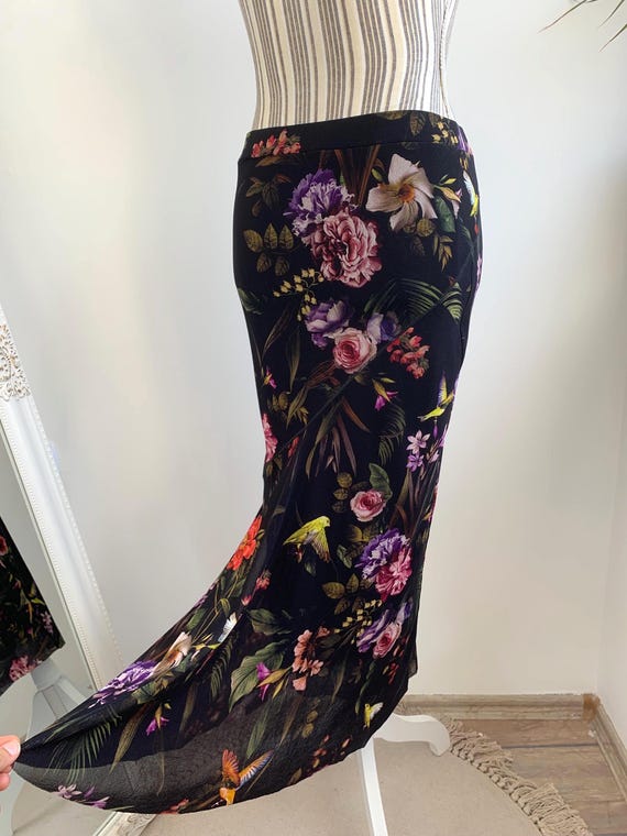 Vintage FUZZI Black Floral Midi Skirt Size S Women's Elastic Waist Flared Godet Back Long Tulle Skirt 90s Y2K Botanical Garden Party Outfit
